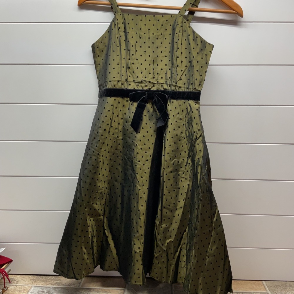 Plum Vintage Olive Green Polka Dot Taffeta Fit Flare Dress Velvet Bow Size 10